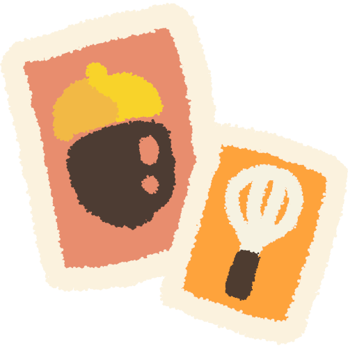 two cards angled and overlayed. the bigger one has a pink background and a yellow and brown acorn, the smaller one has an orange background and a white and brown whisk
